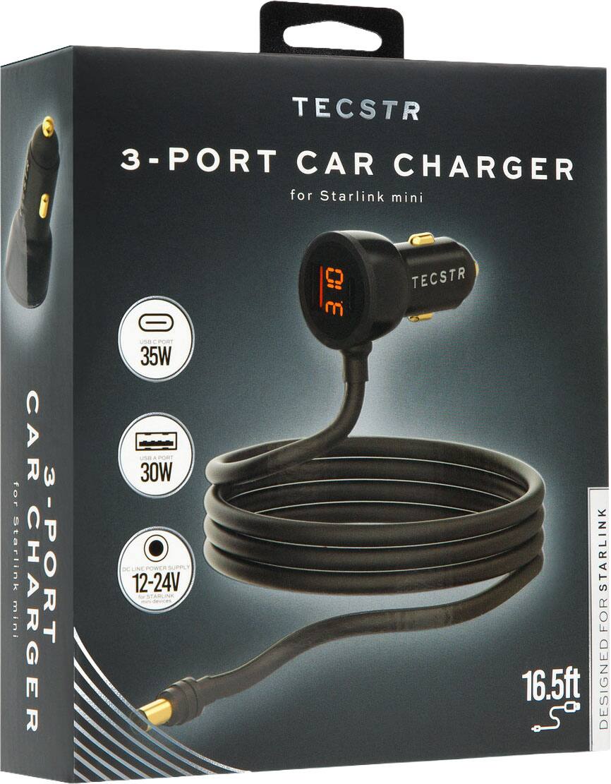 TECSTR 3-PORT CAR CHARGER for Starlink mini  
- USB C PORT: 35W  
- USB A PORT: 30W  
- DC LINE POWER SUPPLY: 12-24V  
- 16.5ft CABLE
