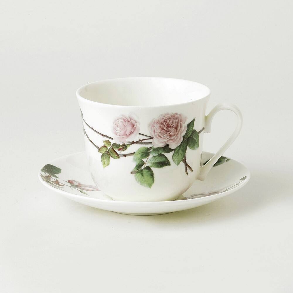 Angle. Jiallo - Roy Kirkham Breakfast Cup/Saucer - David Austin English Rose Set of 2, Bone China Ceramic Made in England - Mutli color.