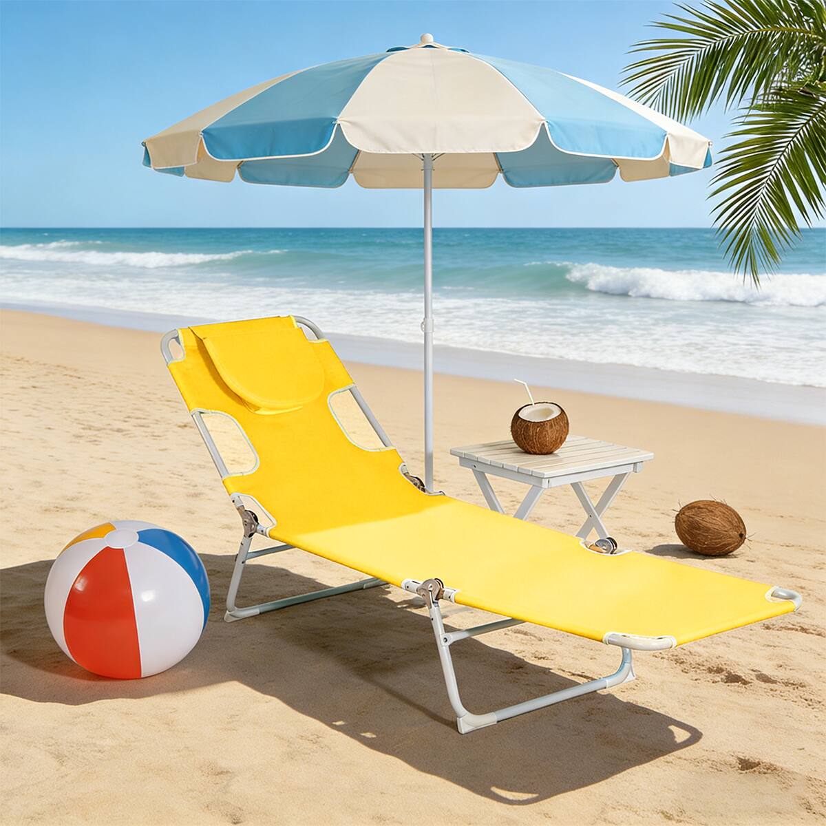 Angle. Ainfox - Ainfox Outdoor Lounge Chair Folding Beach Chaise with Face Hole and Pillow for Patio Beach - Yellow.
