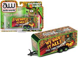 Autoworld - 4-Wheel Enclosed Car Trailer with Graphics "Rat Fink: We Haul it All!" 1/64 Diecast Model by Auto World - Green