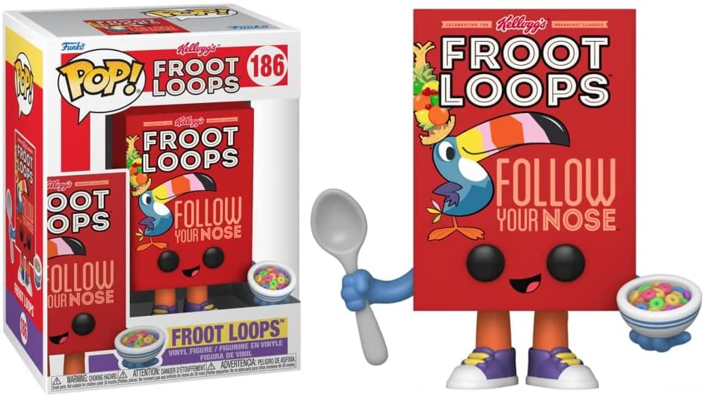 Funko Pop! Kellogg's FROOT LOOPS 186  
FROOT LOOPS  
FOLLOW YOUR NOSE  

FROOT LOOPS  
FOLLOW YOUR NOSE  

FROOT LOOPS  
VINYL FIGURINE / VINYL FIGURE / FIGURA DE VINIL  

ADVERTENCIA: DANGER WARNING  
CHOKING HAZARD - SMALL PARTS. NOT FOR CHILDREN UNDER 3 YEARS.  
ATTENTION: DANGER  
AVERTISSEMENT: PELIGRO DE ASFIXIA - ADVERTENCIA: DANGER
