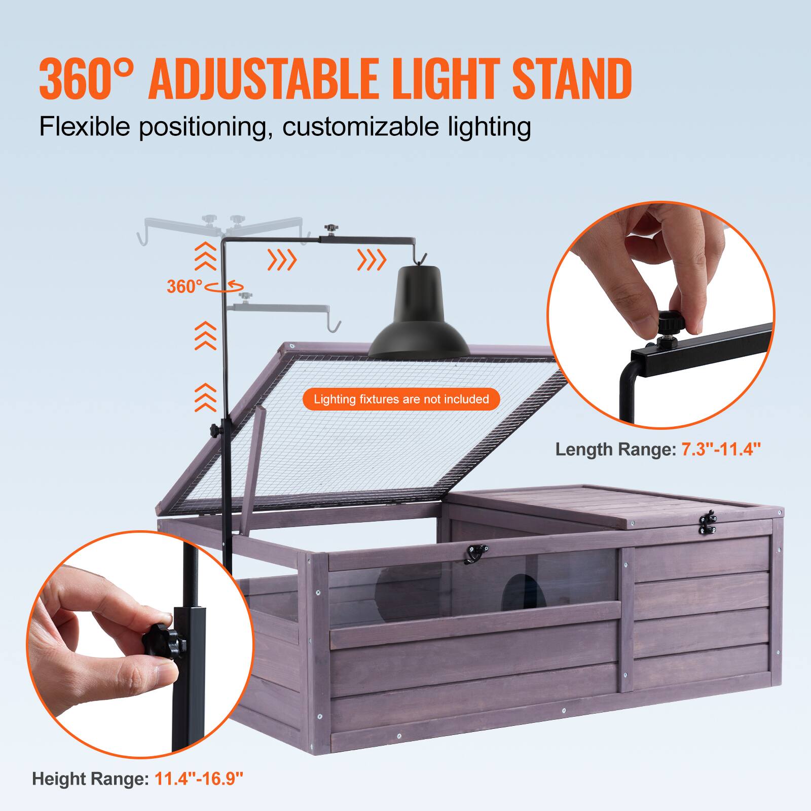 360° Adjustable Light Stand  
Flexible positioning, customizable lighting  

Lighting fixtures are not included  

Length Range: 7.3"-11.4"  
Height Range: 11.4"-16.9"