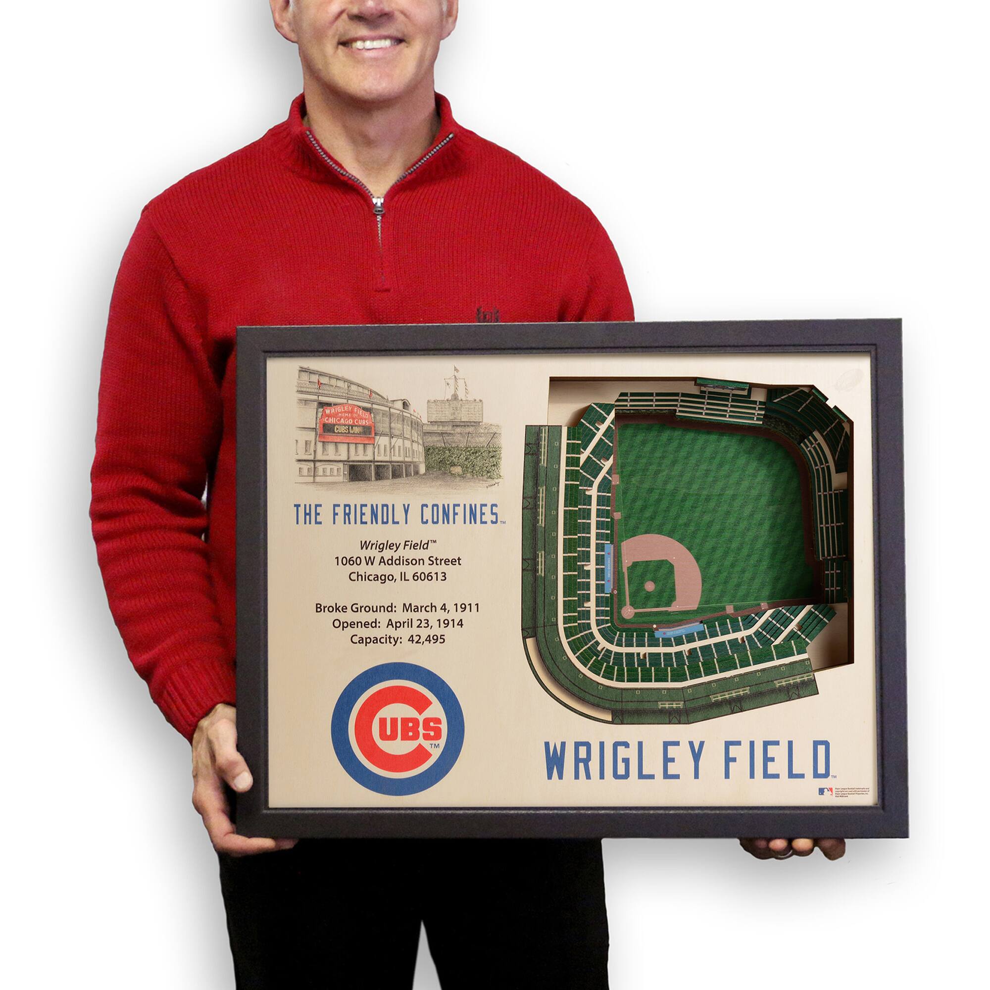 THE FRIENDLY CONFINES  
Wrigley Field  
1060 W Addison Street  
Chicago, IL 60613  

Broke Ground: March 4, 1911  
Opened: April 23, 1914  
Capacity: 42,495  

UBS - WRIGLEY FIELD  

WRIGLEY FIELD