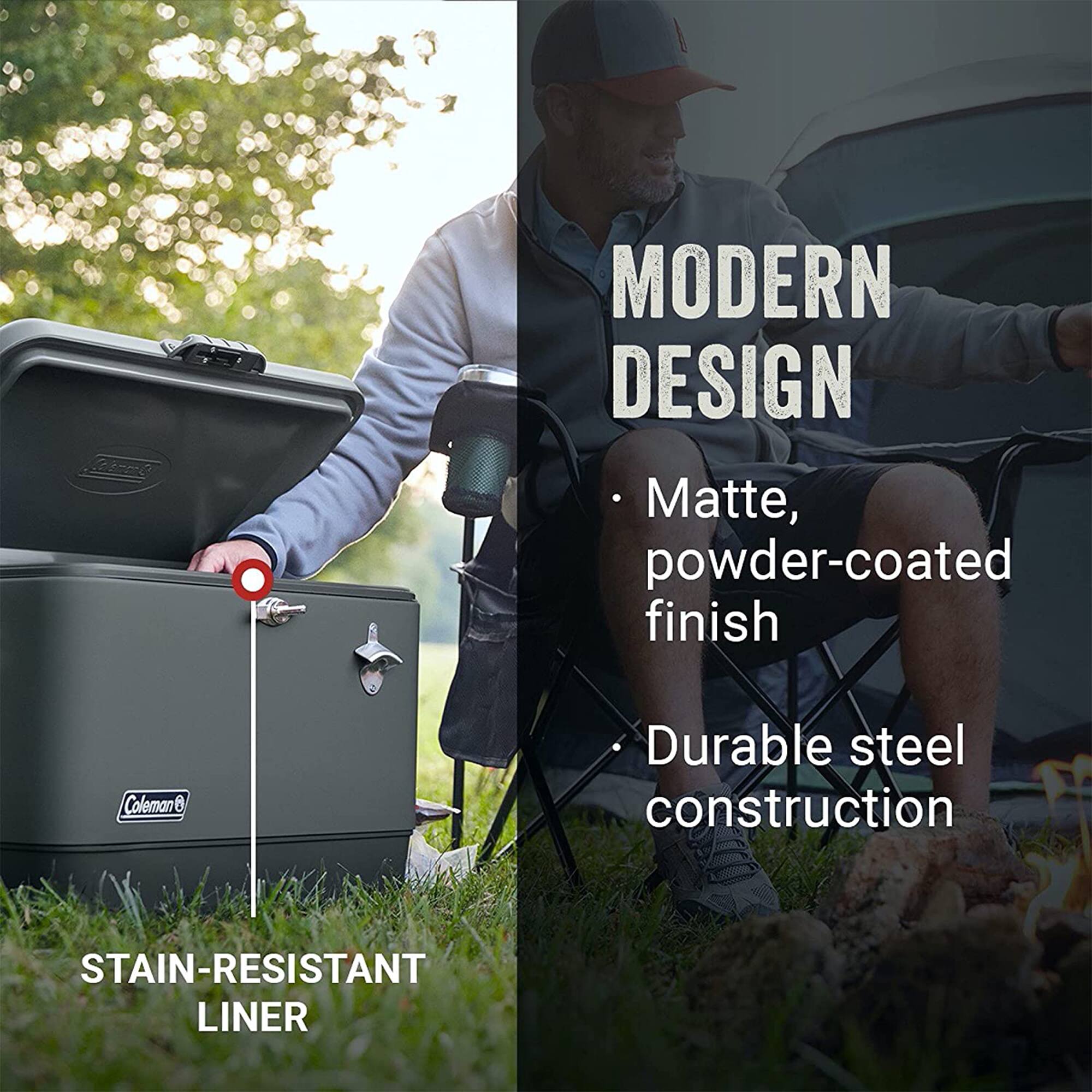MODERN DESIGN  
- Matte, powder-coated finish  
- Durable steel construction  

STAIN-RESISTANT LINER