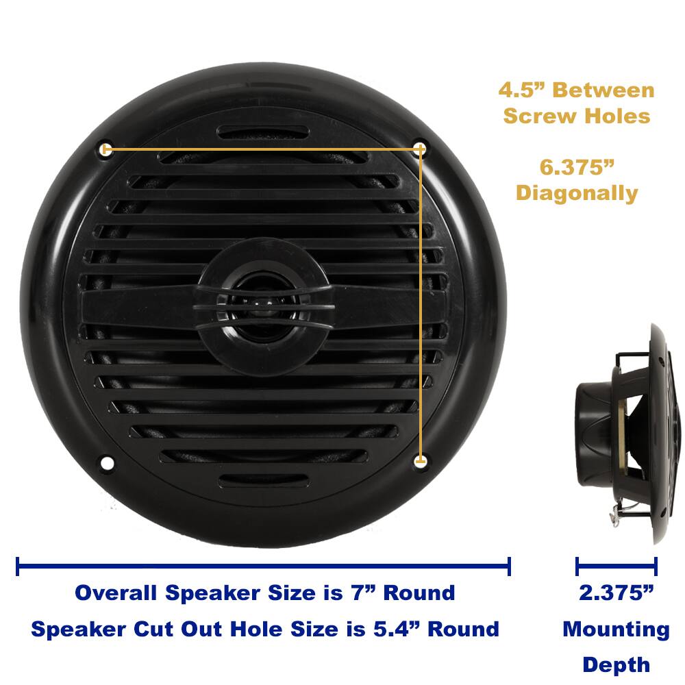 - 4.5" Between Screw Holes
- 6.375" Diagonally
- Overall Speaker Size is 7" Round
- Speaker Cut Out Hole Size is 5.4" Round
- 2.375" Mounting Depth