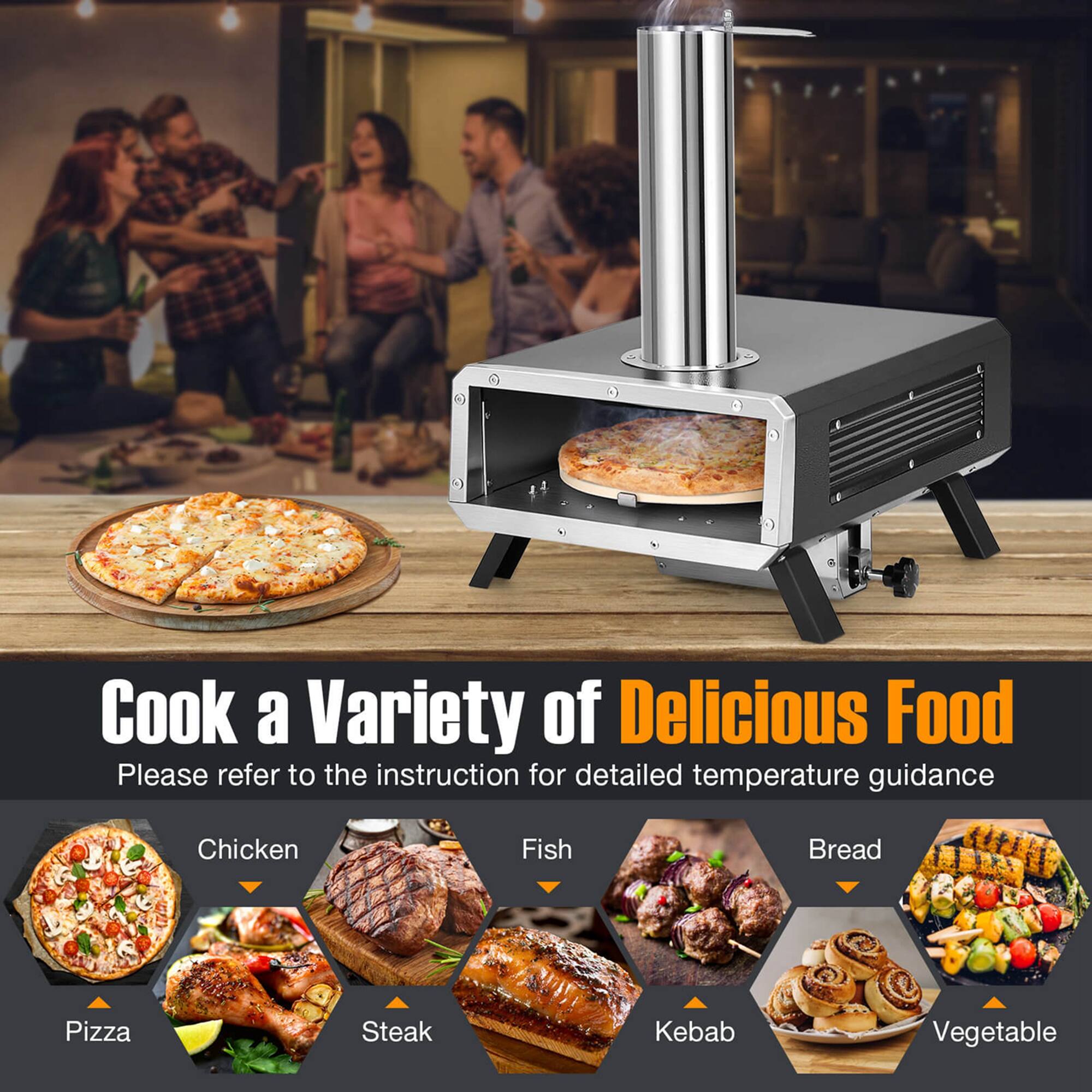 Cook a Variety of Delicious Food Please refer to the instruction for detailed temperature guidance Chicken, Fish, Bread, Pizza, Steak, Kebab, Vegetable.