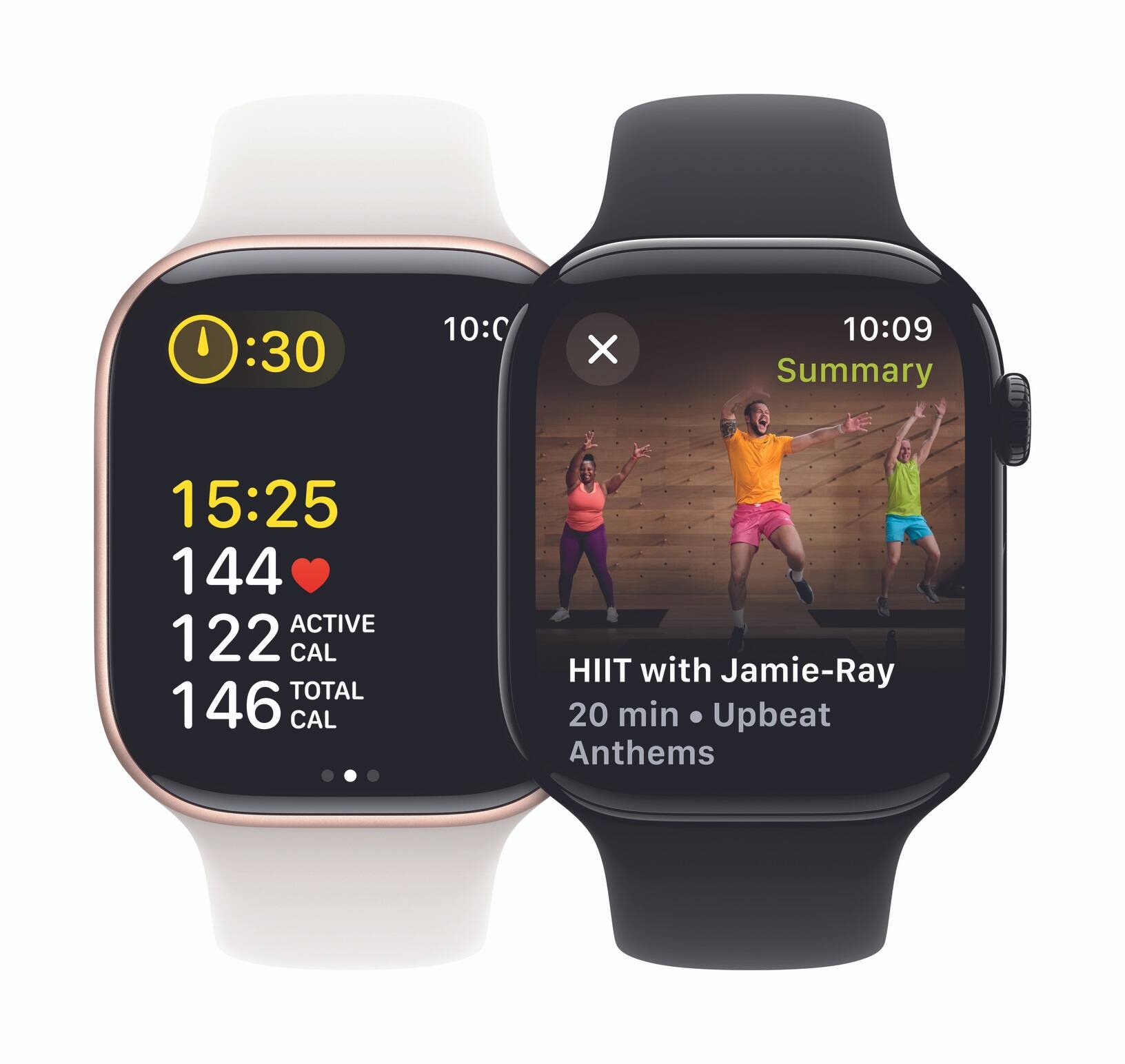 The text on the image is grouped and corrected as follows:

* 15:25 144 ACTIVE 122 CAL TOTAL 146 CAL HIIT with Jamie-Ray 20 min Upbeat Anthems

This text indicates that the person is engaged in a 20-minute workout, which includes a HIIT (High-Intensity Interval Training) session with Jamie-Ray, and the workout is set to upbeat anthems. The total number of calories burned during the workout is 146, with 144 active calories and 2 total calories.