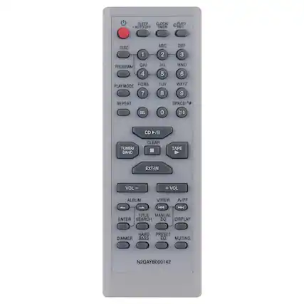 SLEEP CLOCK AUTO OFF TIMER PLAY/ REC DISC 1 ABC 2 DEF 3 PROGRAM GHI 4 JKL 5 MNO 6 PLAY MODE PORS 7 TUV 8 WXYZ 9 REPEAT SPACE!" DEL 0 210 CD /II TUNER/ BAND CLEAR TAPE EXT-IN VOL - + VOL ALBUM V/REW A/FF | H TITLE MANUAL ENTER SEARCH EQ DISPLAY HARD PRESET DIMMER BASS EQ MUTING N2QAYB000142