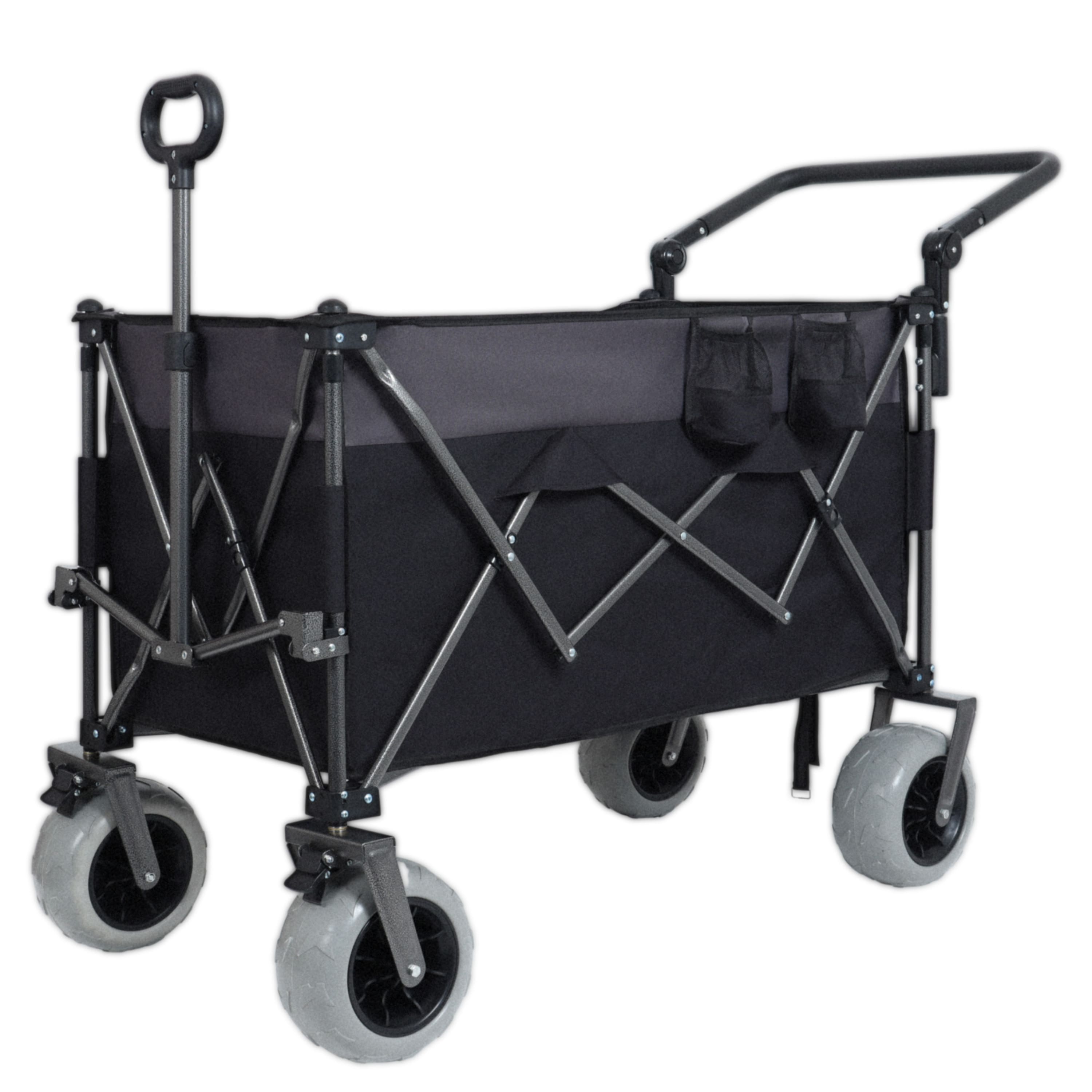 Mondawe - 300L XL Push-Pull Folding Wagon Utility Carts w/ 9"x4" Beach Tires, 360° Wheels, Adjustable Handle for Camping/Beach - Black