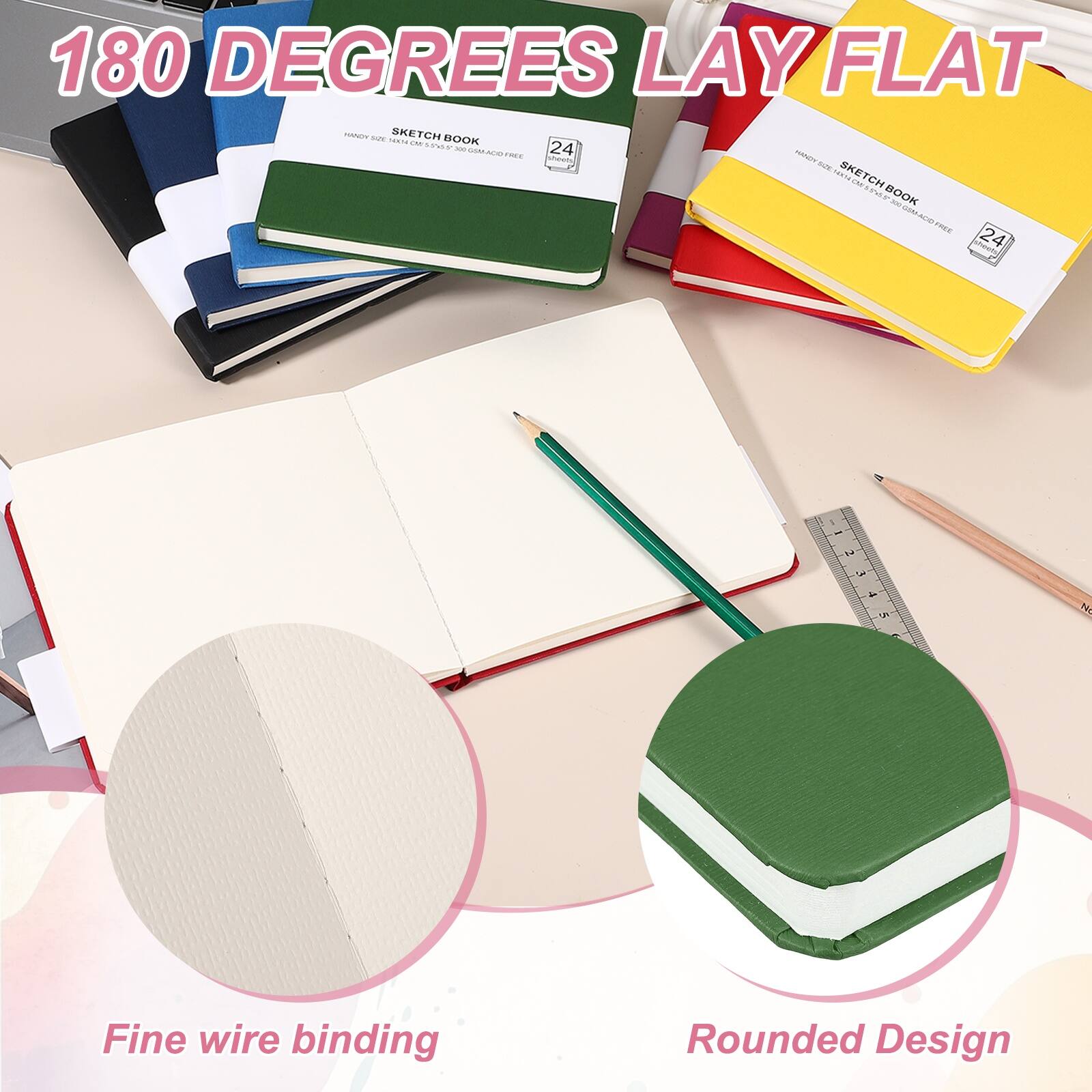180 DEGREES LAY FLAT

SKETCH BOOK
HANDY SIZE 21X29.7CM 8.3X11.7IN 24 SHEETS

Fine wire binding
Rounded Design