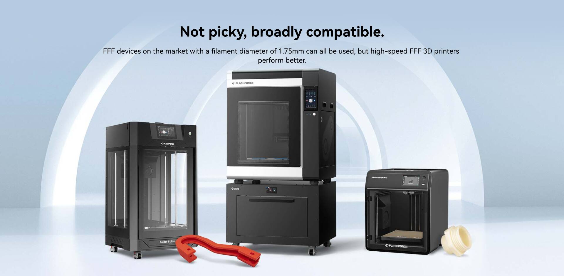Not picky, broadly compatible.

FFF devices on the market with a filament diameter of 1.75mm can all be used, but high-speed FFF 3D printers perform better.