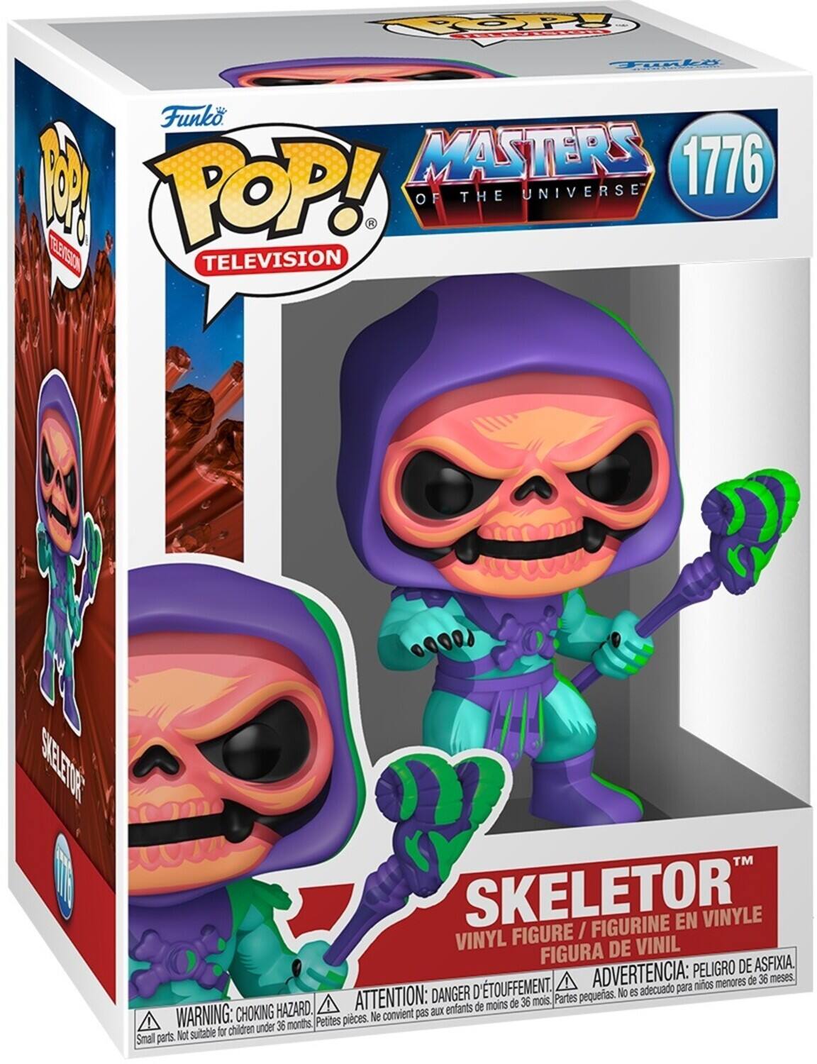 Funko POP! TELEVISION  
MASTERS OF THE UNIVERSE  
1776  

SKELETOR™  
VINYL FIGURE / FIGURINE EN VINYLE / FIGURA DE VINIL  

WARNING: CHOKING HAZARD. Small parts. Not suitable for children under 36 months.  
ADVERTENCIA: PELOIGRO DE ASFIXIA. D'TOUFFEMENT. No es adecuado para niños menores de 36 meses.  
ATTENTION: DANGER D'ÉTOUFFEMENT. Ne convient pas aux enfants de moins de 36 mois.