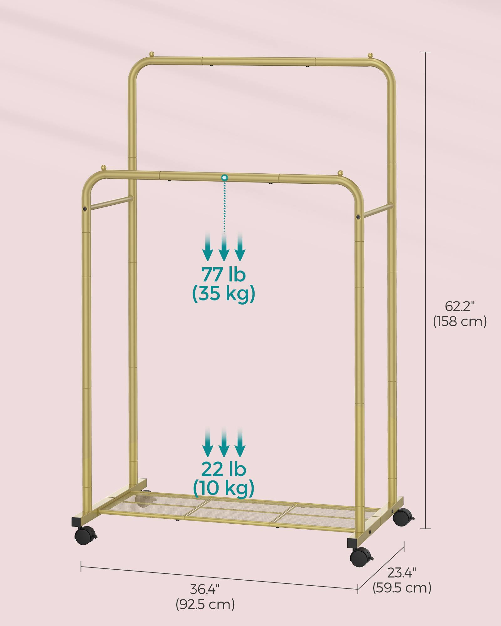 77 lb (35 kg)  
62.2" (158 cm)  
22 lb (10 kg)  
36.4" (92.5 cm)  
23.4" (59.5 cm)