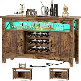 Aheaplus - Wine Cabinet with Charging Station and LED Lights, Liquor Cabinet with Movable Wooden Wine Rack - Brown
