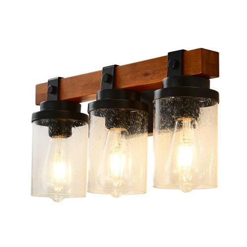 Alt View 3. LUCKY ONE - 3-Light Matte Black Wood Wall Lamp, Glass Shade Sconce for Bathroom or Bedroom Wall Mount - Matte Black,Wood.