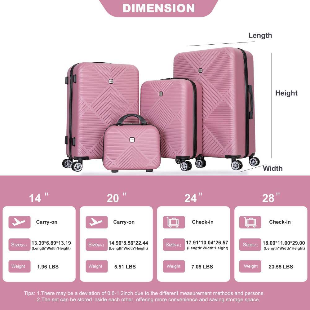 **DIMENSION**

- **14" Carry-on**
  - Size (in): 13.39" x 6.89" x 13.19"
  - Weight: 1.96 LBS

- **20" Carry-on**
  - Size (in): 14.96" x 8.56" x 22.44"
  - Weight: 5.51 LBS

- **24" Check-in**
  - Size (in): 17.91" x 10.04" x 26.57"
  - Weight: 7.05 LBS

- **28" Check-in**
  - Size (in): 18.00" x 11.00" x 29.00"
  - Weight: 23.55 LBS

**Tips:**
1. There may be a deviation of 0.8-1.2 inch due to different measurement methods and persons.
2. The set can be stored inside each other, offering more convenience and saving storage space.