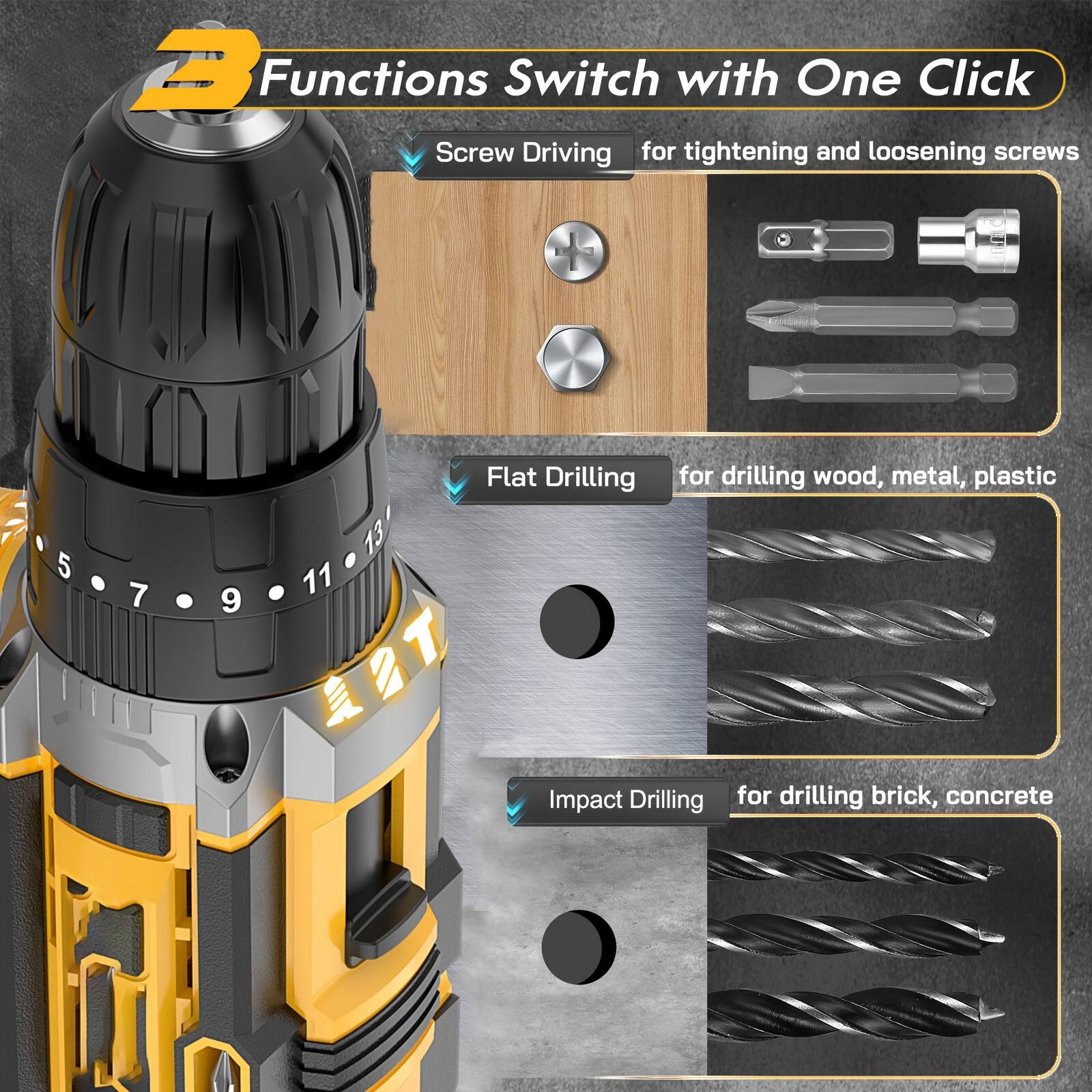 3 Functions Switch with One Click

- Screw Driving for tightening and loosening screws
- Flat Drilling for drilling wood, metal, plastic
- Impact Drilling for drilling brick, concrete