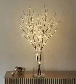Refined Abode Design - Lighted Willow Branches 32in Timer Operated Tree Branch Warm White Lights Holiday Christmas Decoration - Brown