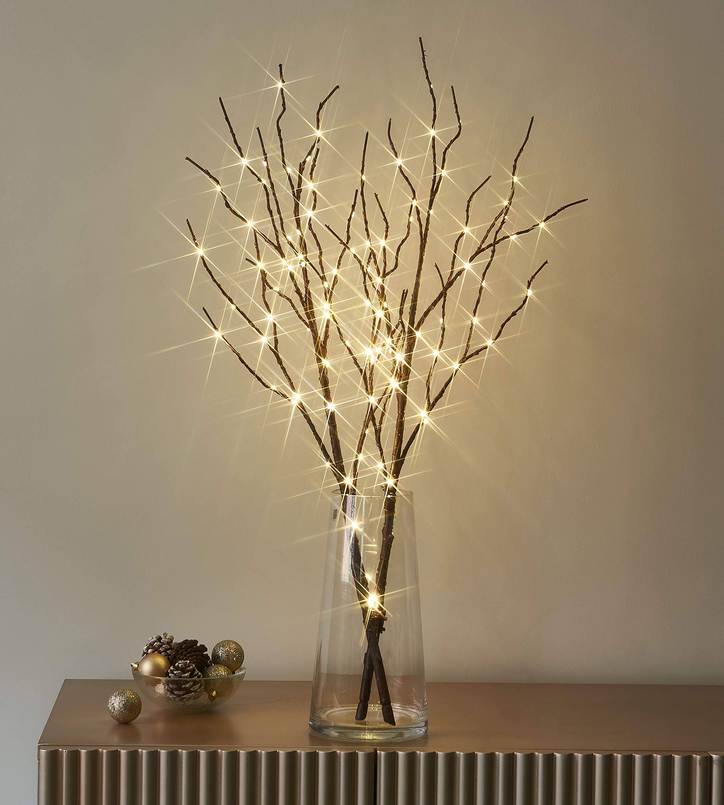 Front. Refined Abode Design - Lighted Brown Willow Branches 32in Timer Operated Tree Branch Warm White Lights Holiday Christmas Decoration - Brown.