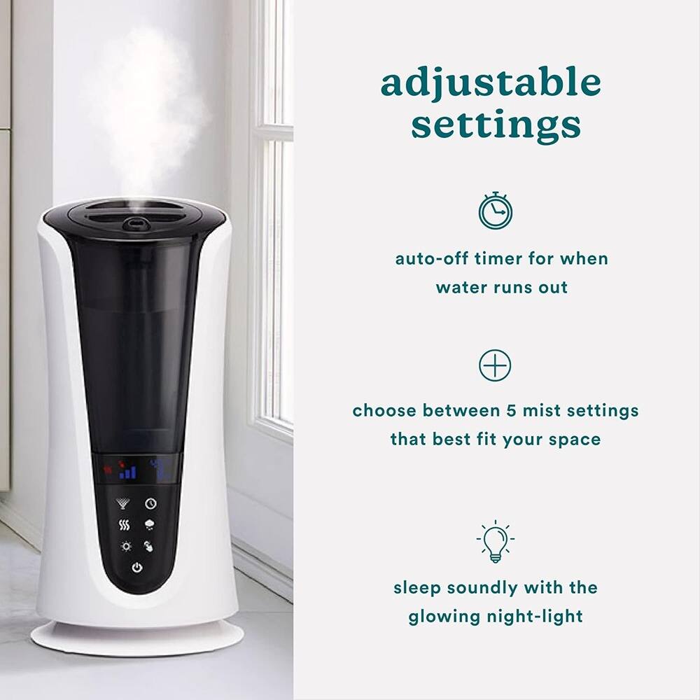 adjustable settings  
auto-off timer for when water runs out  
choose between 5 mist settings that best fit your space  
sleep soundly with the glowing night-light