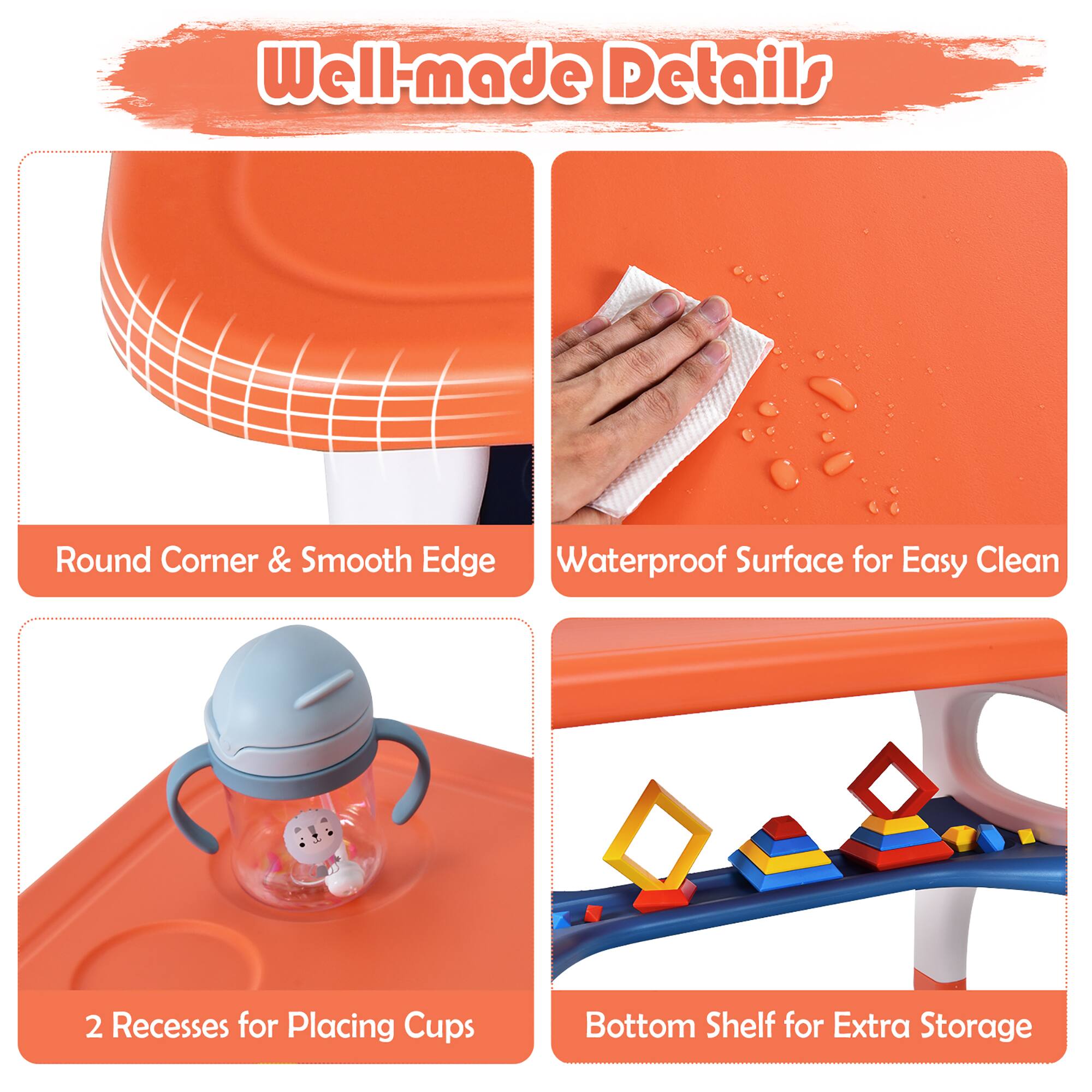 Well-made Details
Round Corner & Smooth Edge
Waterproof Surface for Easy Clean
2 Recesses for Placing Cups
Bottom Shelf for Extra Storage
