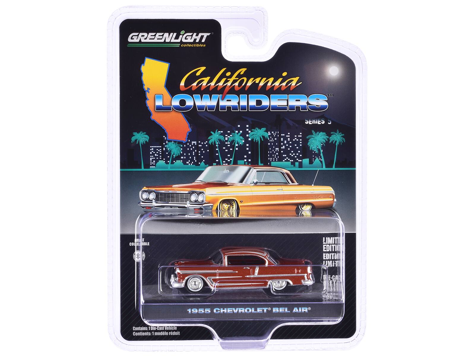 GREENLIGHT collectibles  
California LOWRIDERS  
SERIES 5  

1955 CHEVROLET BEL AIR  

Contains: 1 Die-Cast Vehicle  
Contient: 1 modèle réduit  

LIMITED EDITION  
ÉDITION LIMITÉE  

Collectible  
1:64