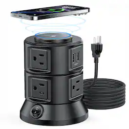 Dazzed Corner - Power Strip Tower with Magnetic Wireless Charger, 6 Outlets, 4 USB, 5FT Cord - Black
