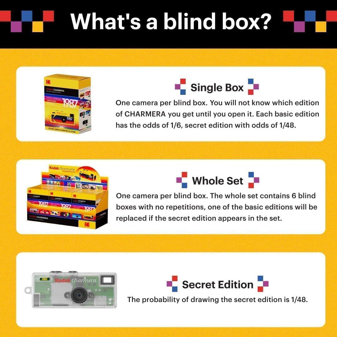 What's a blind box?

**Single Box**
One camera per blind box. You will not know which edition of CHARMERA you get until you open it. Each basic edition has the odds of 1/6, secret edition with odds of 1/48.

**Whole Set**
One camera per blind box. The whole set contains 6 blind boxes with no repetitions, one of the basic editions will be replaced if the secret edition appears in the set.

**Secret Edition**
The probability of drawing the secret edition is 1/48.