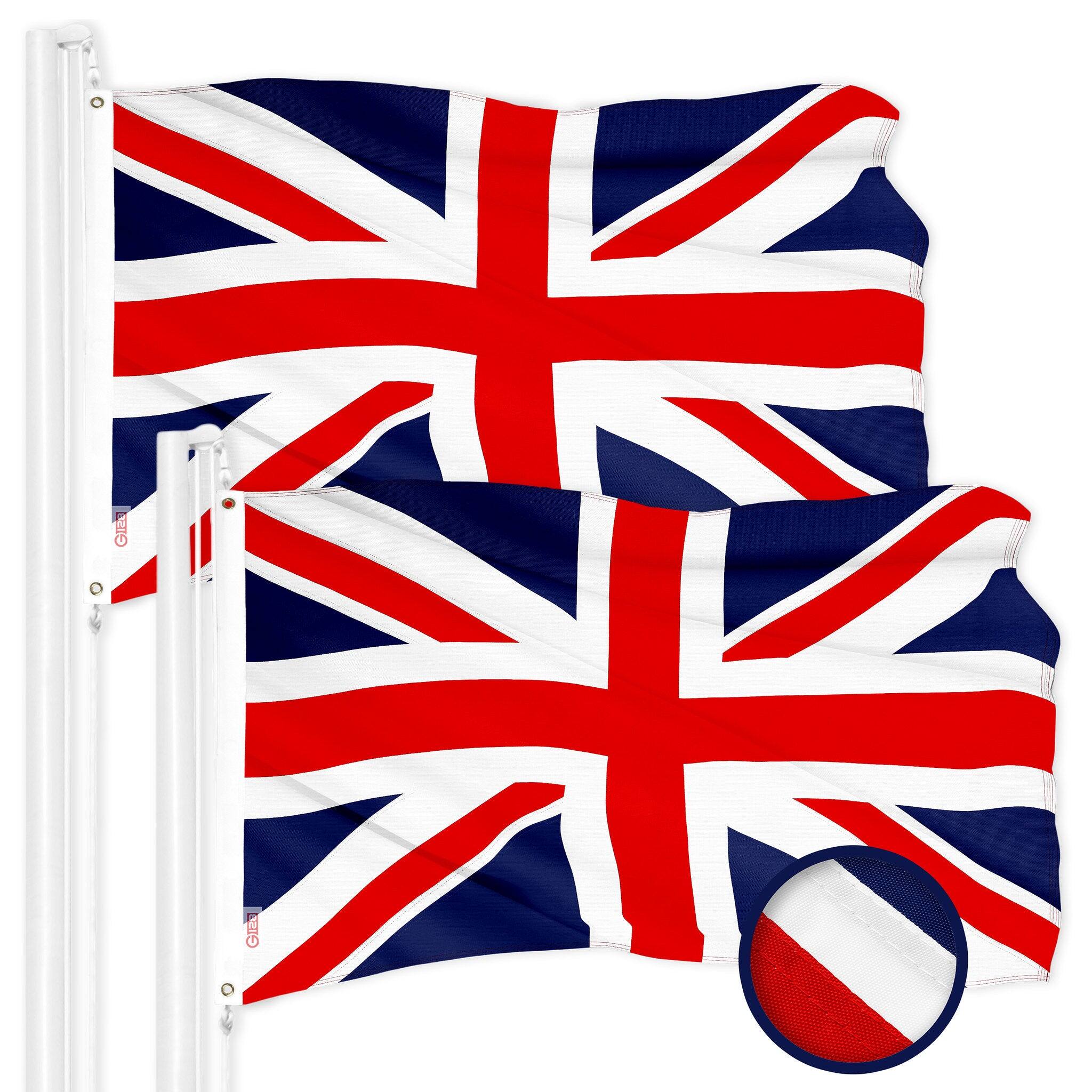 G128 - 2-Pack United Kingdom Flag, 3 x 5 ft, Embroidered 300D Polyester, Indoor/Outdoor with Brass Grommets - Assorted Colors