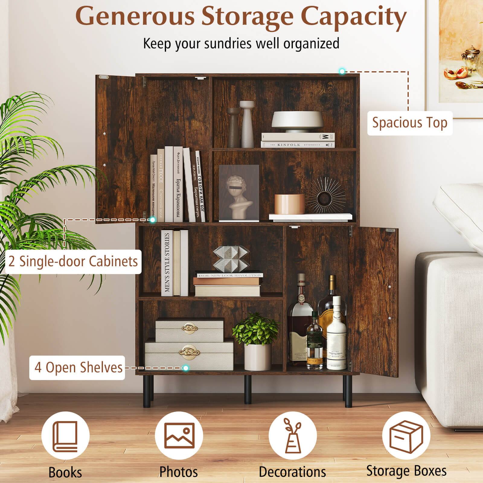 Generous Storage Capacity  
Keep your sundries well organized  

- Spacious Top  
- 2 Single-door Cabinets  
- 4 Open Shelves  

Books  
Photos  
Decorations  
Storage Boxes