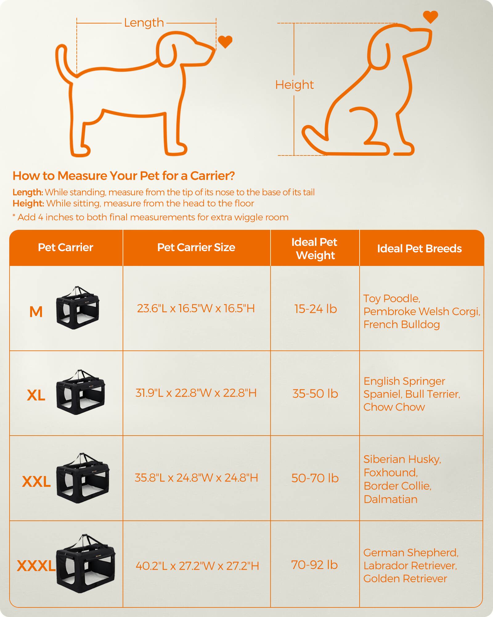 Length
Height

How to Measure Your Pet for a Carrier?
Length: While standing, measure from the tip of its nose to the base of its tail
Height: While sitting, measure from the head to the floor
*Add 4 inches to both final measurements for extra wiggle room

Pet Carrier | Pet Carrier Size | Ideal Pet Weight | Ideal Pet Breeds
--- | --- | --- | ---
M | 23.6"L x 16.5"W x 16.5"H | 15-24 lb | Toy Poodle, Pembroke Welsh Corgi, French Bulldog
XL | 31.9"L x 22.8"W x 22.8"H | 35-50 lb | English Springer Spaniel, Bull Terrier, Chow Chow
XXL | 35.8"L x 24.8"W x 24.8"H | 50-70 lb | Siberian Husky, Foxhound, Border Collie, Dalmatian
XXXL | 40.2"L x 27.2"W x 27.2"H | 70-92 lb | German Shepherd,