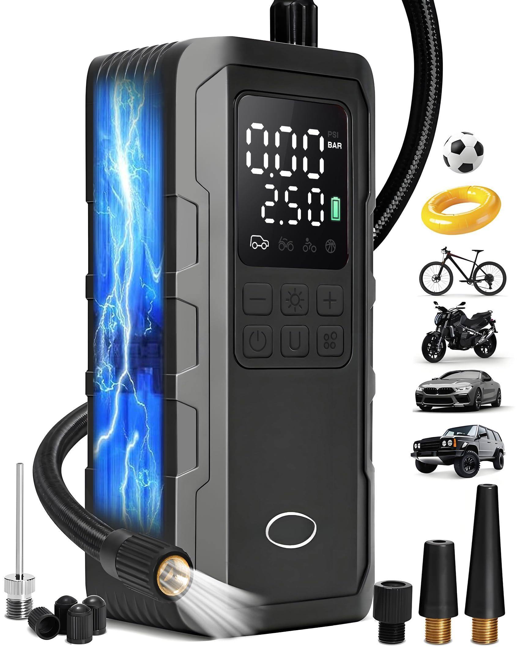 Fabibe - Tire Inflator Portable Air Compressor - 150psi Cordless Pump For Car Tires With Gauge & Led Lights 3x Faster Balls - Black