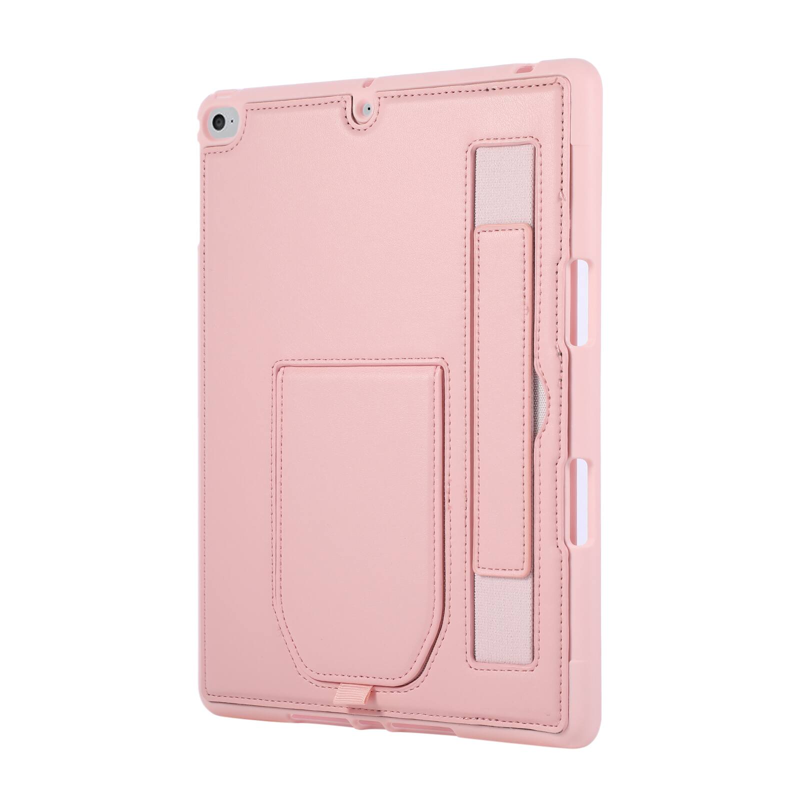 Back. Dteck - Shockproof Case for Apple iPad (6th Generation) 9.7" 2018 with Hand Strap and Kickstand, PU Leather TPU Protective Cover - Pink.