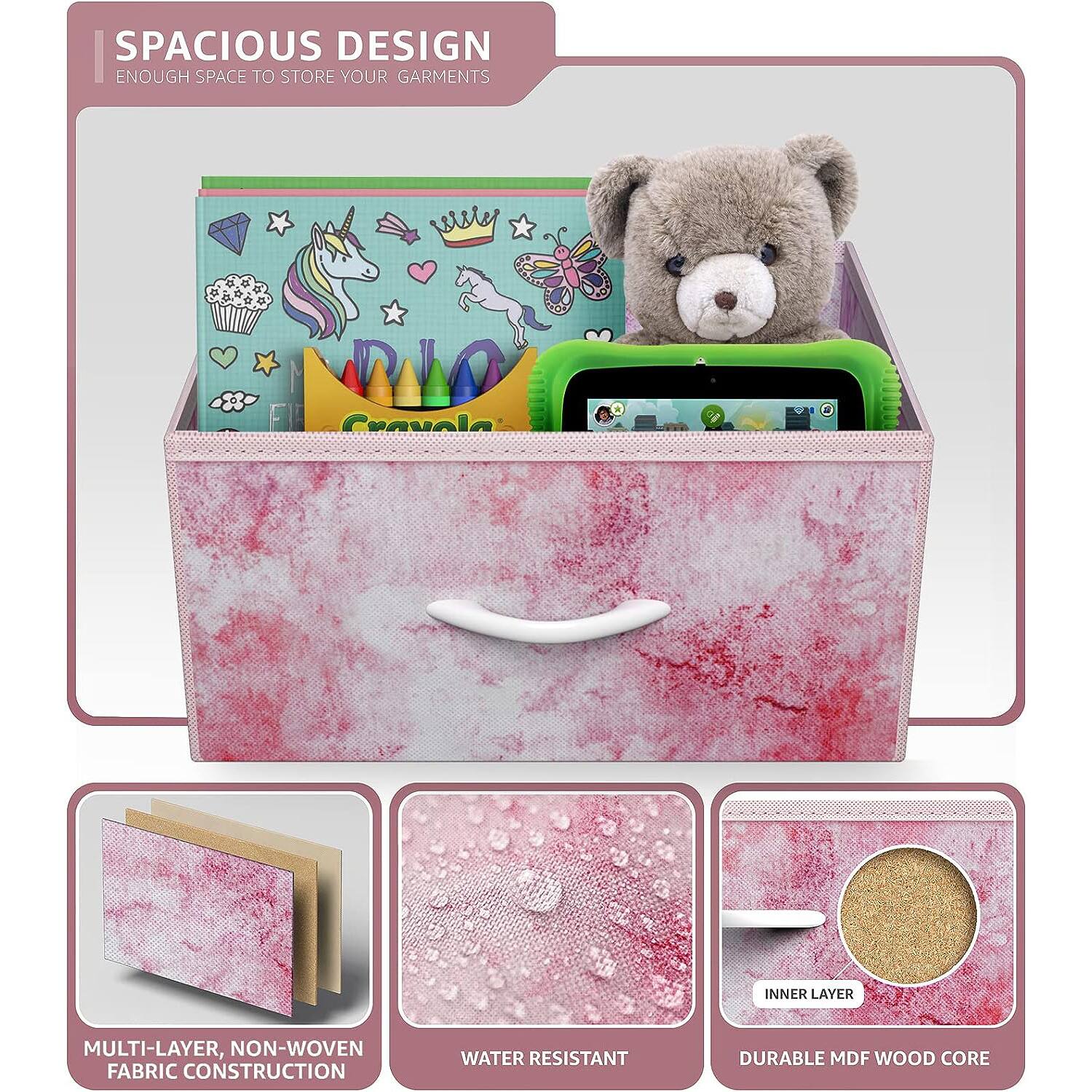 SPACIOUS DESIGN  
ENOUGH SPACE TO STORE YOUR GARMENTS  

MULTI-LAYER, NON-WOVEN FABRIC CONSTRUCTION  
WATER RESISTANT  
DURABLE MDF WOOD CORE