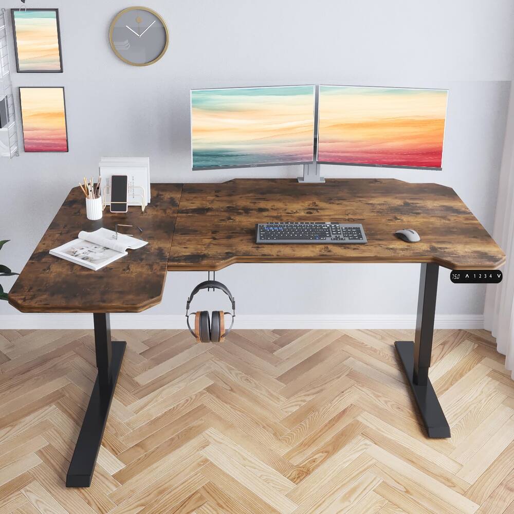 Angle. Loheer - Loheer L-Shaped Standing Desk 59 Inch Electric Height Adjustable Corner Sit Stand Computer Desk Rustic Brown - Rustic Brown.