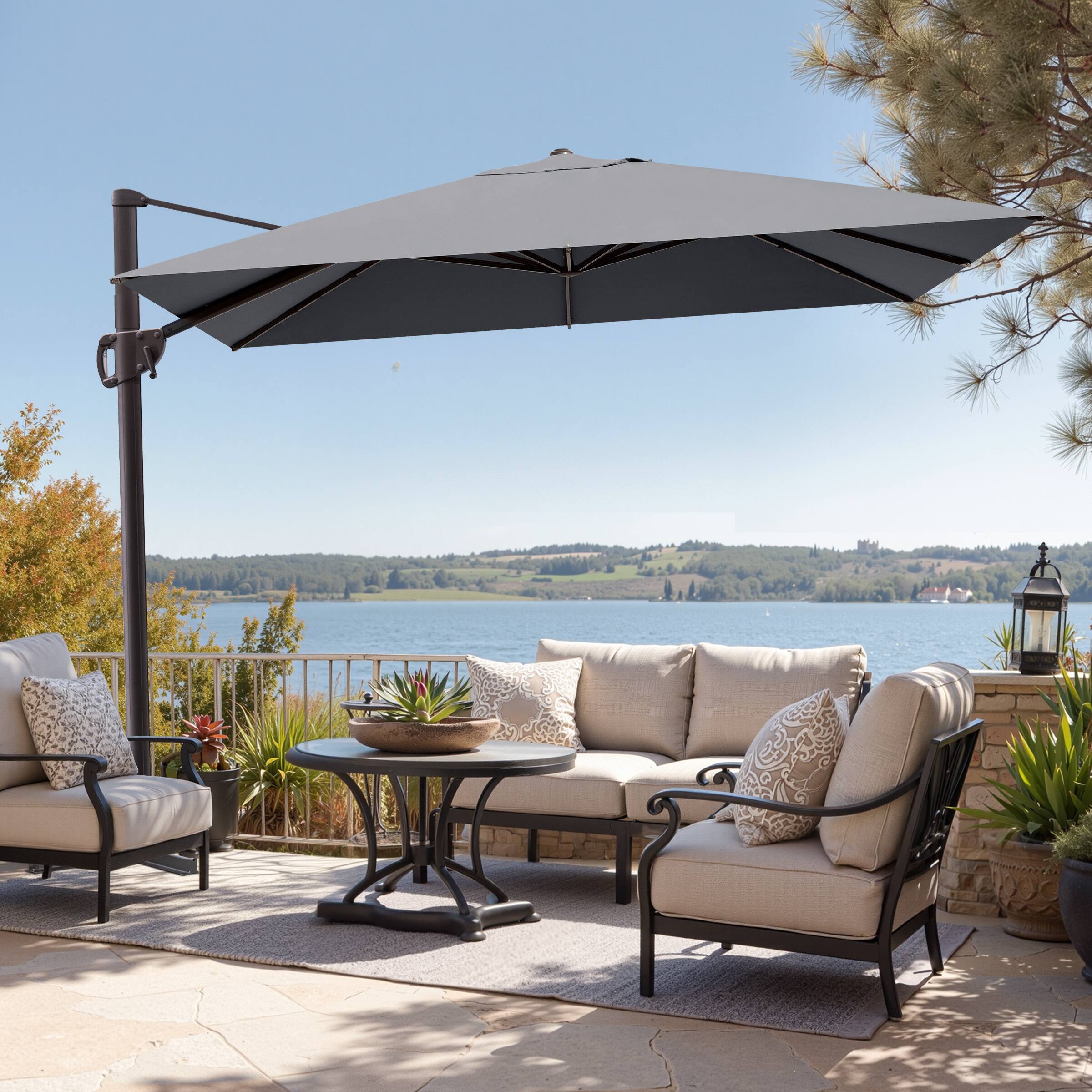 Alt View 6. Crestlive Products - Crestlive Products 9x11ft Aluminum Crank Cantilever Patio Umbrella with Base - Dark gray.