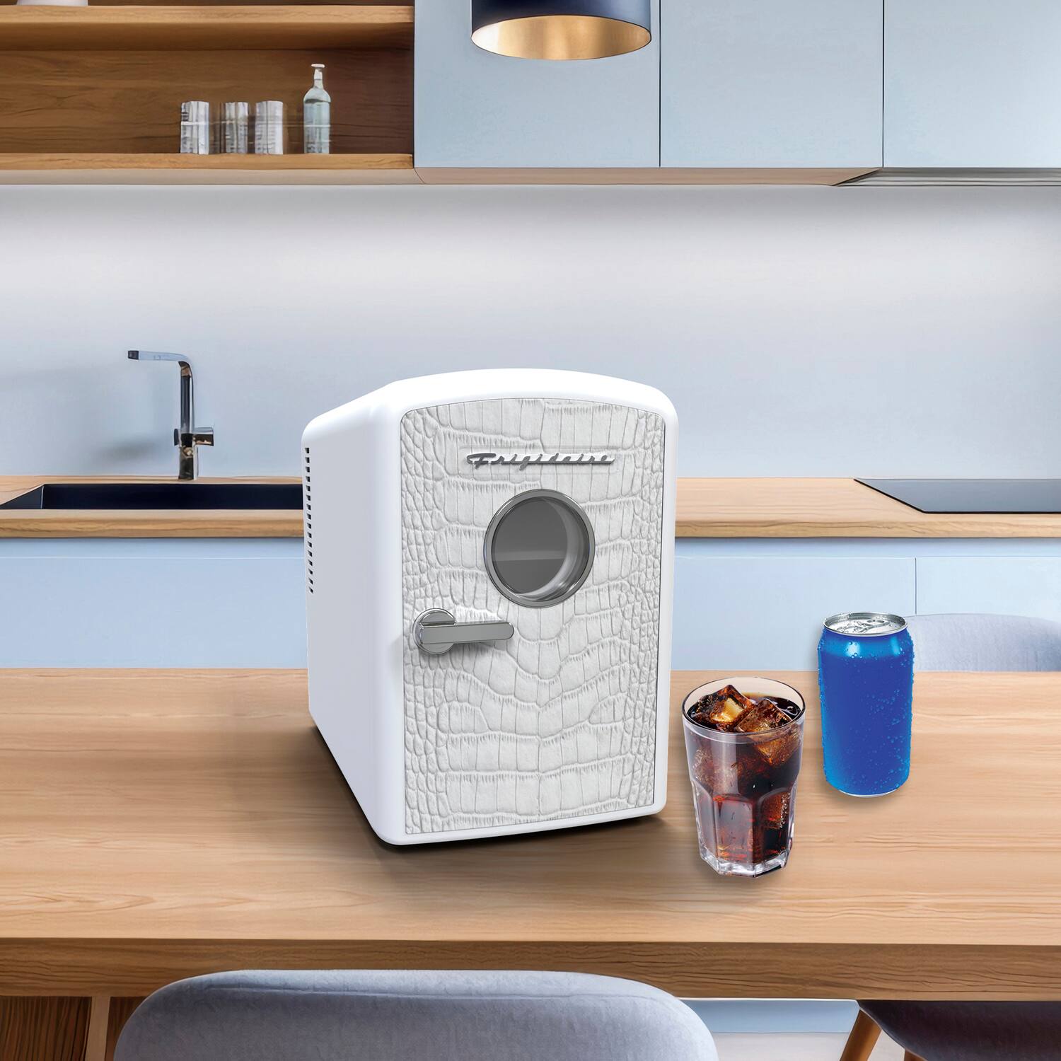 Left. Frigidaire - 9-Can Mini Fridge Cooler Crocodile Door - White.
