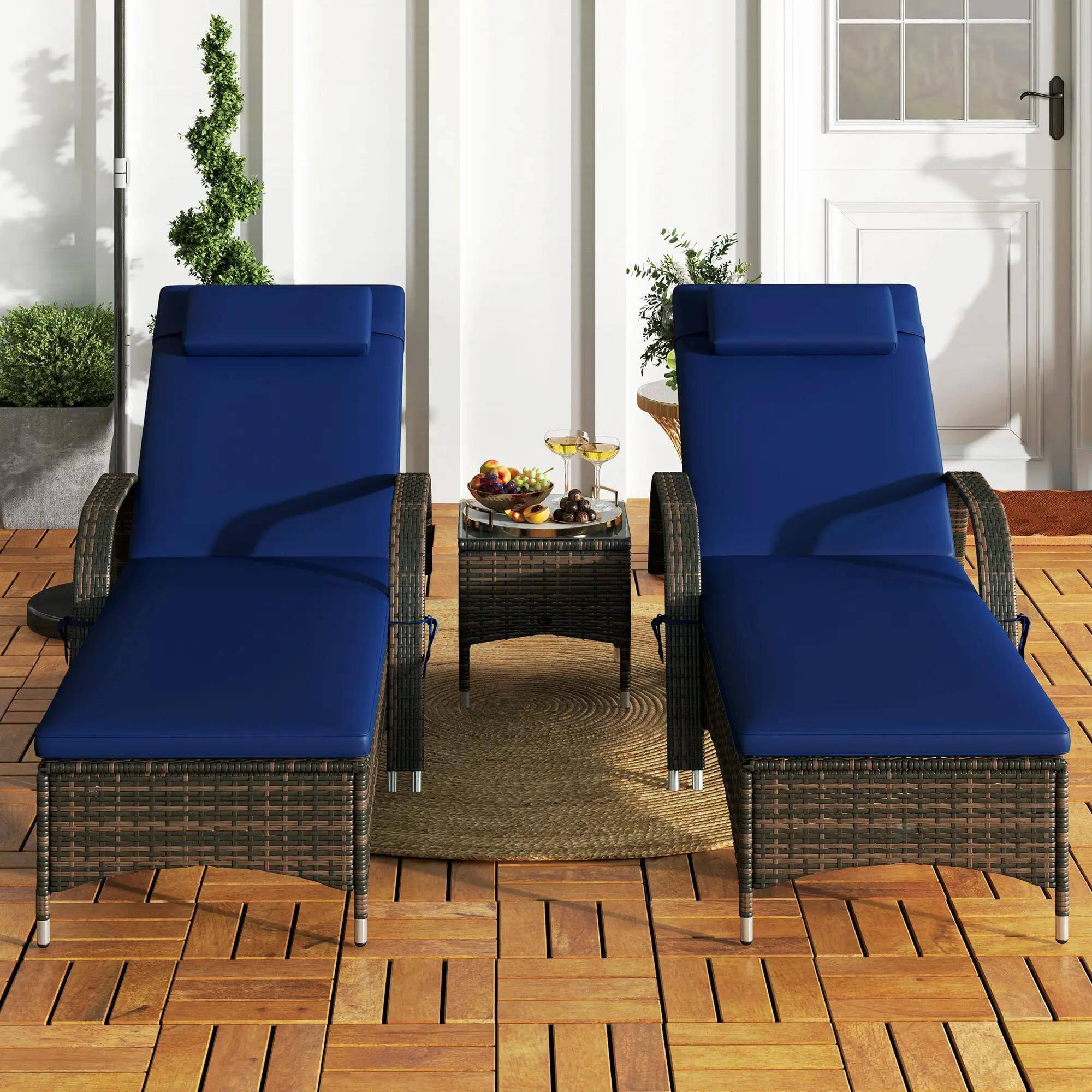 Back. Resenkos - Resenkos Outdoor Furniture With Table, Cushion & Headrest, ComfySeating For PatioRelaxation, Blue - Blue.