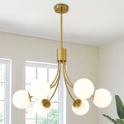 Front. RYHNUYNE - 6-Light Farmhouse Chandelier,Gold Chandeliers Dining Room Light Fixture,Modern Sputnik Chandelier for Living Room Foyer - Gold.