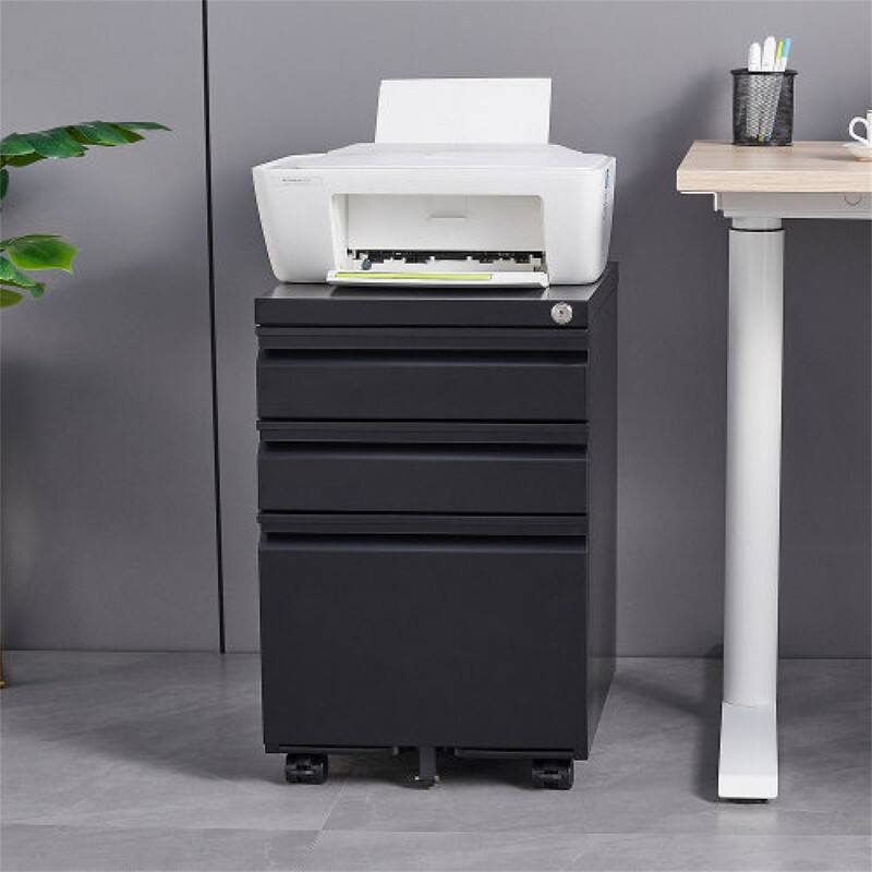 Angle. HTUTWOO - 3-Drawer Mobile File Cabinet with Lock - Cold Rolled Steel Fully Assembled, 5 Wheels with Brakes, Fits Legal/A4 Files - Black.