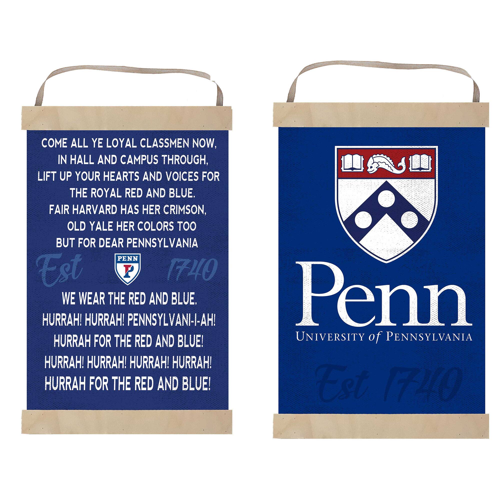 COME ALL YE LOYAL CLASSMEN NOW,  
IN HALL AND CAMPUS THROUGH,  
LIFT UP YOUR HEARTS AND VOICES FOR THE ROYAL RED AND BLUE.  
FAIR HARVARD HAS HER CRIMSON,  
OLD YALE HER COLORS TOO  
BUT FOR DEAR PENNSYLVANIA  

Est 1740  

WE WEAR THE RED AND BLUE.  
HURRAH! HURRAH! PENNSYLVANI-I-AH!  
HURRAH FOR THE RED AND BLUE!  
HURRAH! HURRAH! HURRAH! HURRAH!  
HURRAH FOR THE RED AND BLUE!  

Penn  
UNIVERSITY OF PENNSYLVANIA  
Est 1740