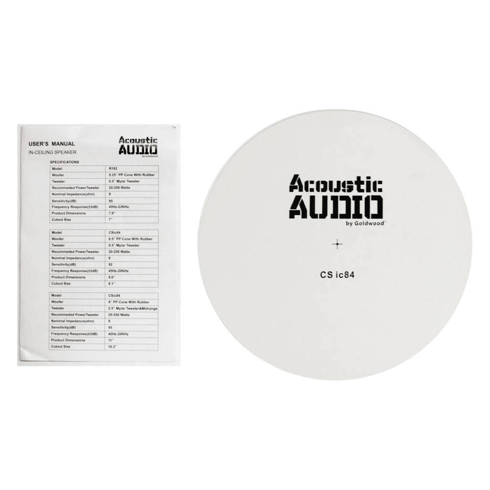 **USER'S MANUAL**  
IN-CEILING SPEAKER  

**SPECIFICATIONS**  

**R122**  
- **Woofer:** 5.25" PP Cone With Rubber  
- **Tweeter:** 0.75" Mylar Tweeter  
- **Recommended Power Tweeter:** 20-200 Watts  
- **Nominal Impedance (ohms):** 8  
- **Sensitivity (dB):** 85  
- **Frequency Response (3dB):** 45Hz-20kHz  
- **Product Dimensions:** 8.8"  
- **Cutout Size:** 7"  

**Model:** CS-ic84  

**R124**  
- **Woofer:** 6.5" PP Cone With Rubber  
- **Tweeter:** 0.75" Mylar Tweeter/Midrange  
- **Recommended Power Tweeter:** 20-200 Watts  
- **Nominal Impedance (ohms):** 8  
- **Sensitivity (dB):** 85  
- **Frequency Response (3dB):** 45Hz-20kHz  
- **