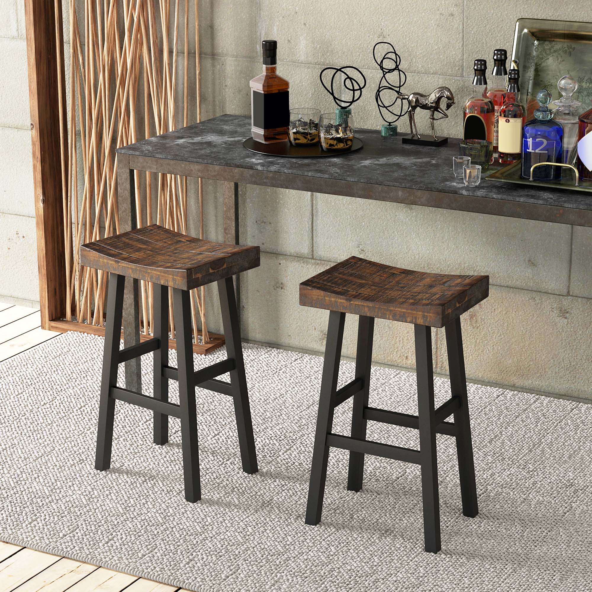 Alt View 3. Costway - 29" Bar Stool Set of 2 Bar Height Solid Wood Curved Saddle Seat Footrest - Black/Brown.