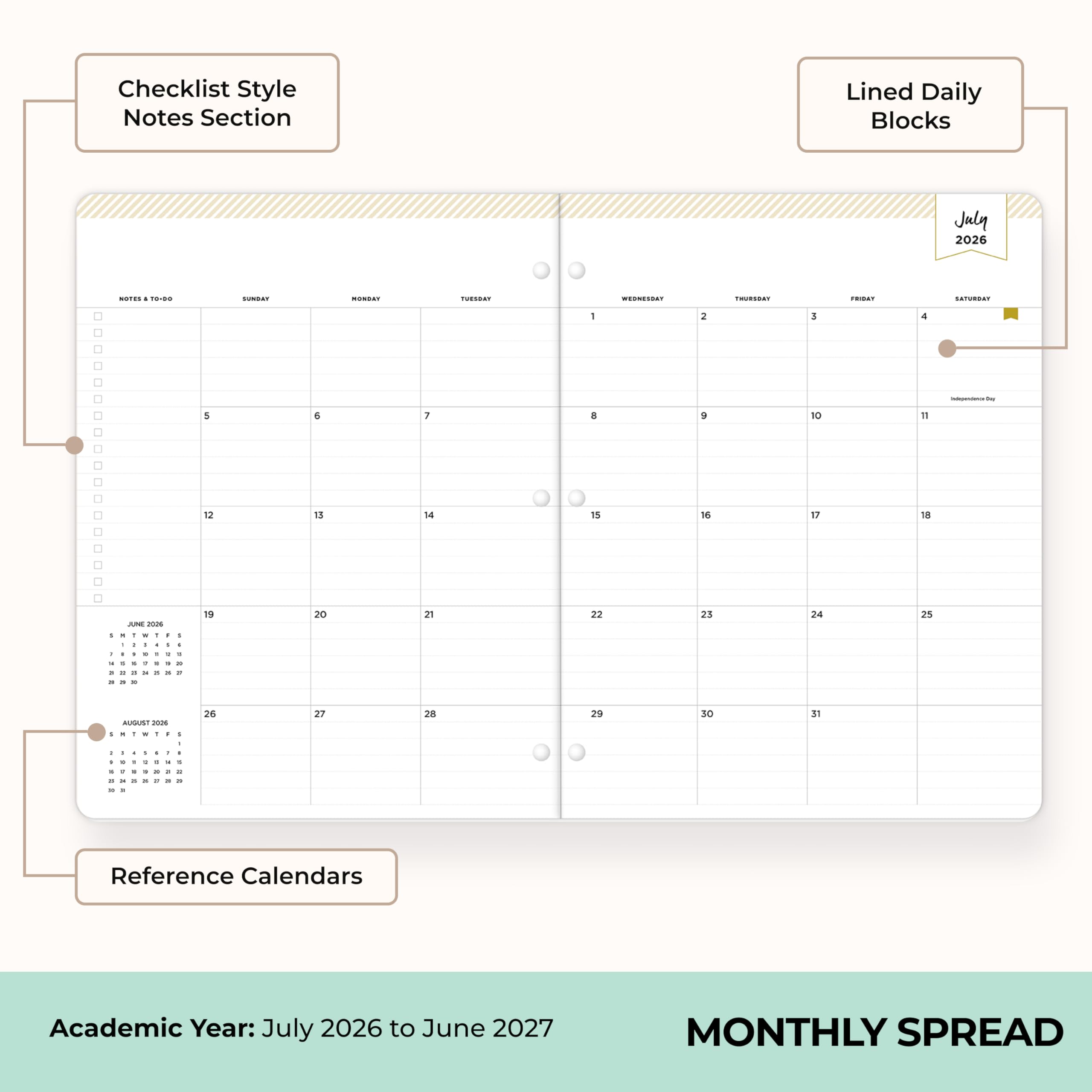 Checklist Style Notes Section  
Lined Daily Blocks  
July 2026  
NOTES  
SUNDAY  
MONDAY  
TUESDAY  
WEDNESDAY  
THURSDAY  
FRIDAY  
SATURDAY  
1  
2  
3  
4  
Independence-Day  
5  
6  
7  
8  
9  
10  
11  
12  
13  
14  
15  
16  
17  
18  
19  
20  
21  
22  
23  
24  
25  
26  
27  
28  
29  
30  
31  
Reference Calendars  
Academic Year: July 2026 to June 2027  
MONTHLY SPREAD
