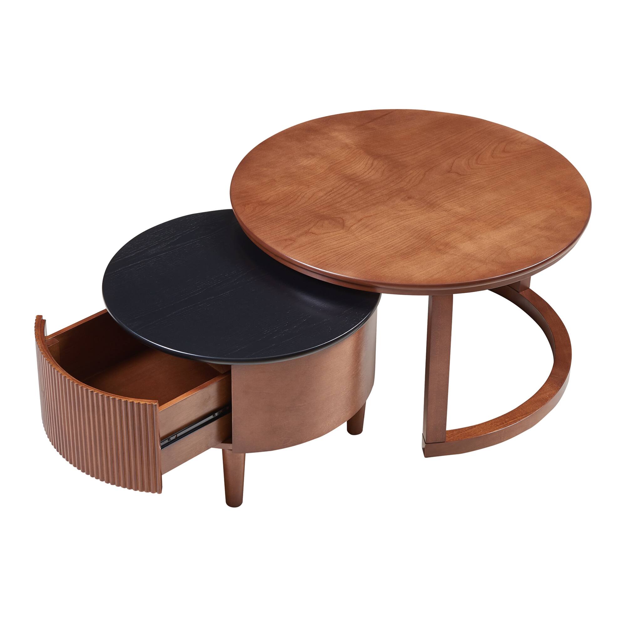 Alt View 6. GOODSILO - Vintage Round Nesting Coffee Table Set with Fluted Drawer in Two-Tone Finish - Walnut.