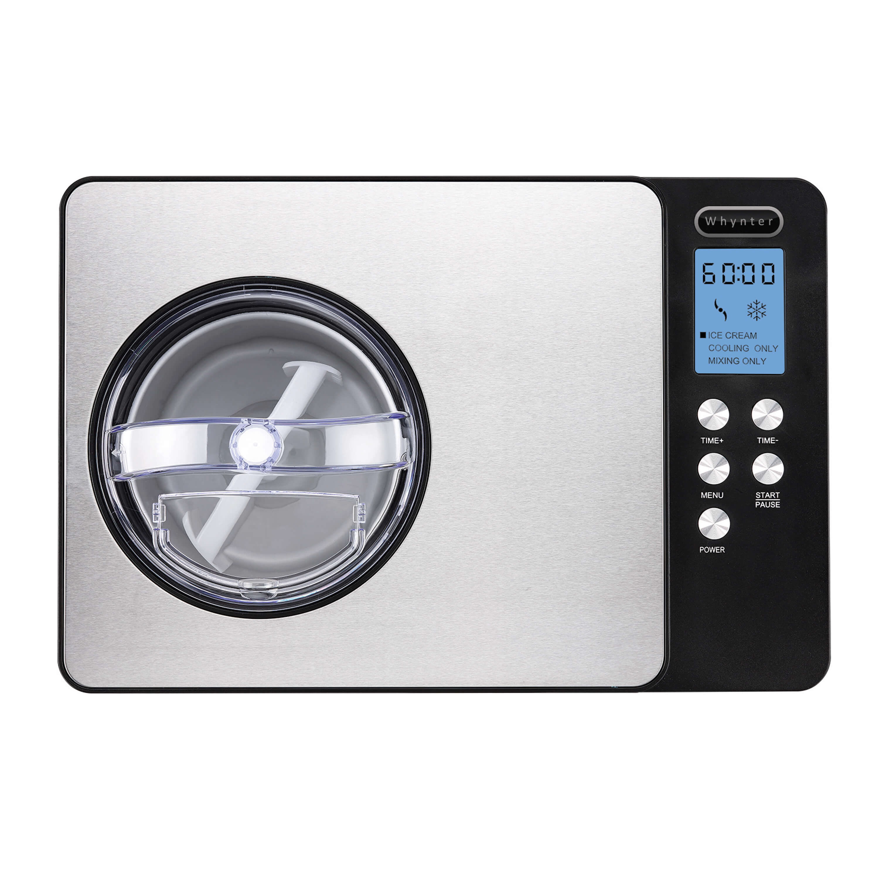 Whynter 60:00 CE CNEAM COOLING ONLY ICE CREAM MIXING ONLY TIME+ TIME- MENU START PAUSE POWER