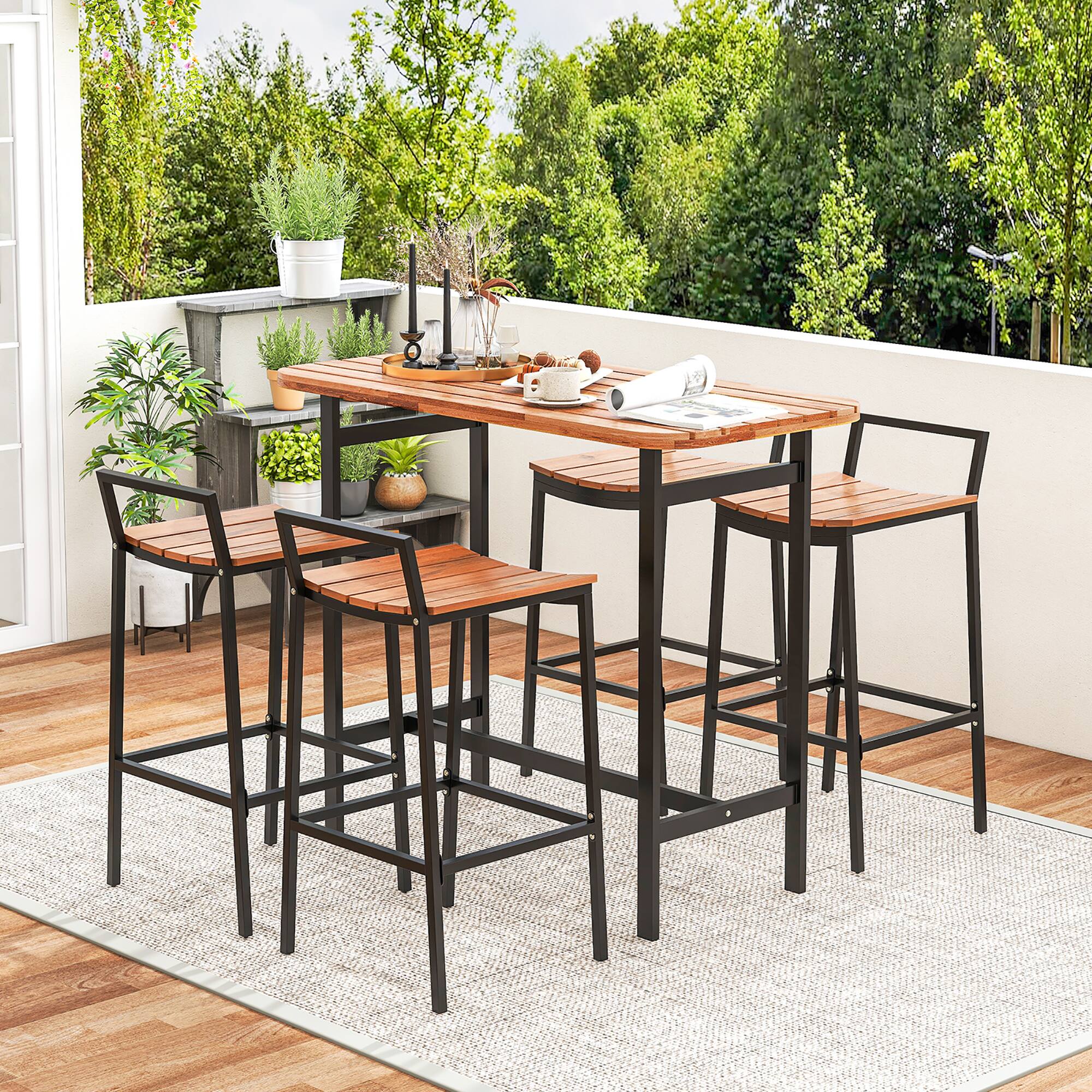 Alt View 3. Gymax - Gymax Acacia Wood Patio Table & Chair Set 5 Pcs Outdoor Dining Set w/ 1 Table & 4 Bar Height Chairs - Natural, Black.
