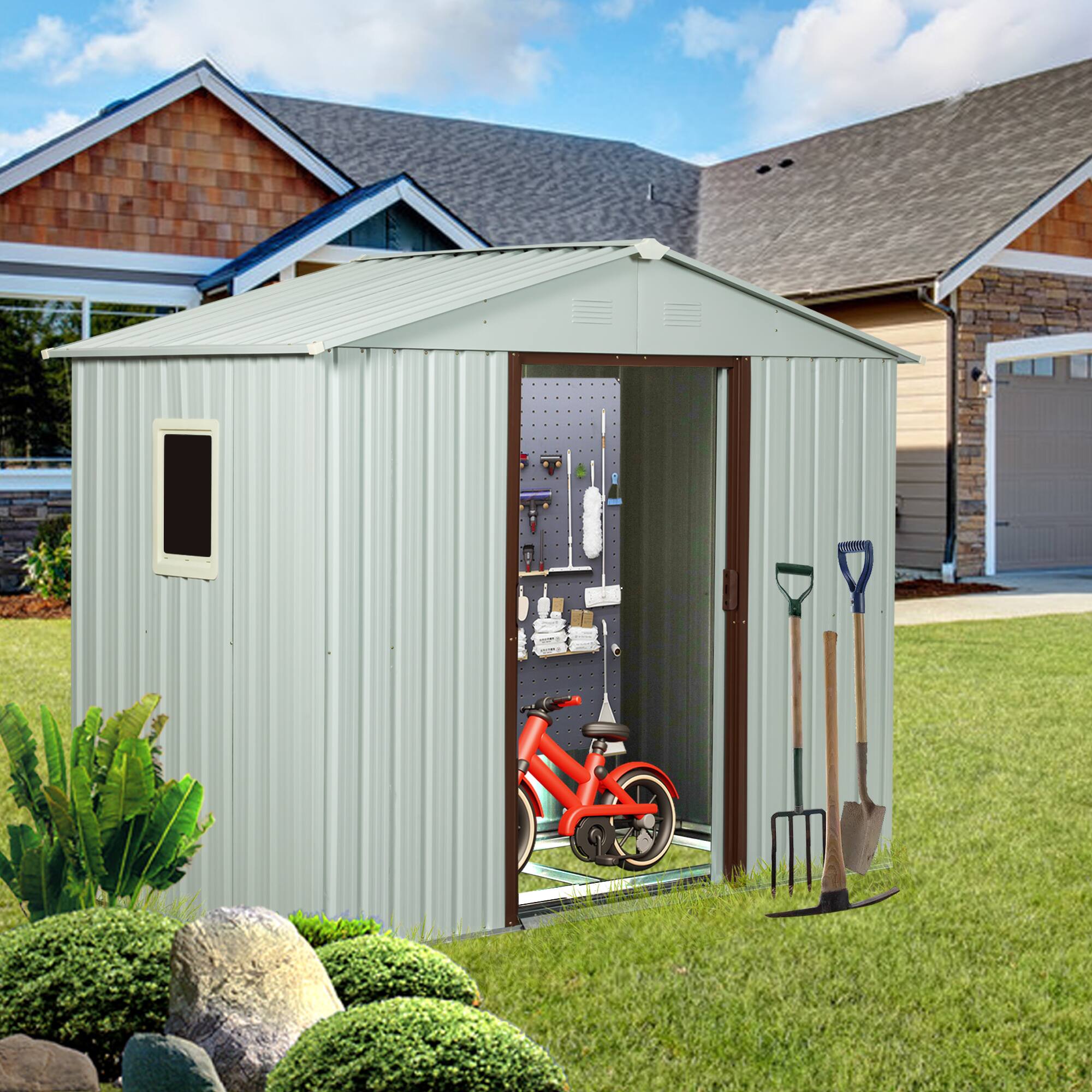 Left. Mondawe - 6ft x 5ft Outdoor Metal Storage Shed With window and foundation - White.