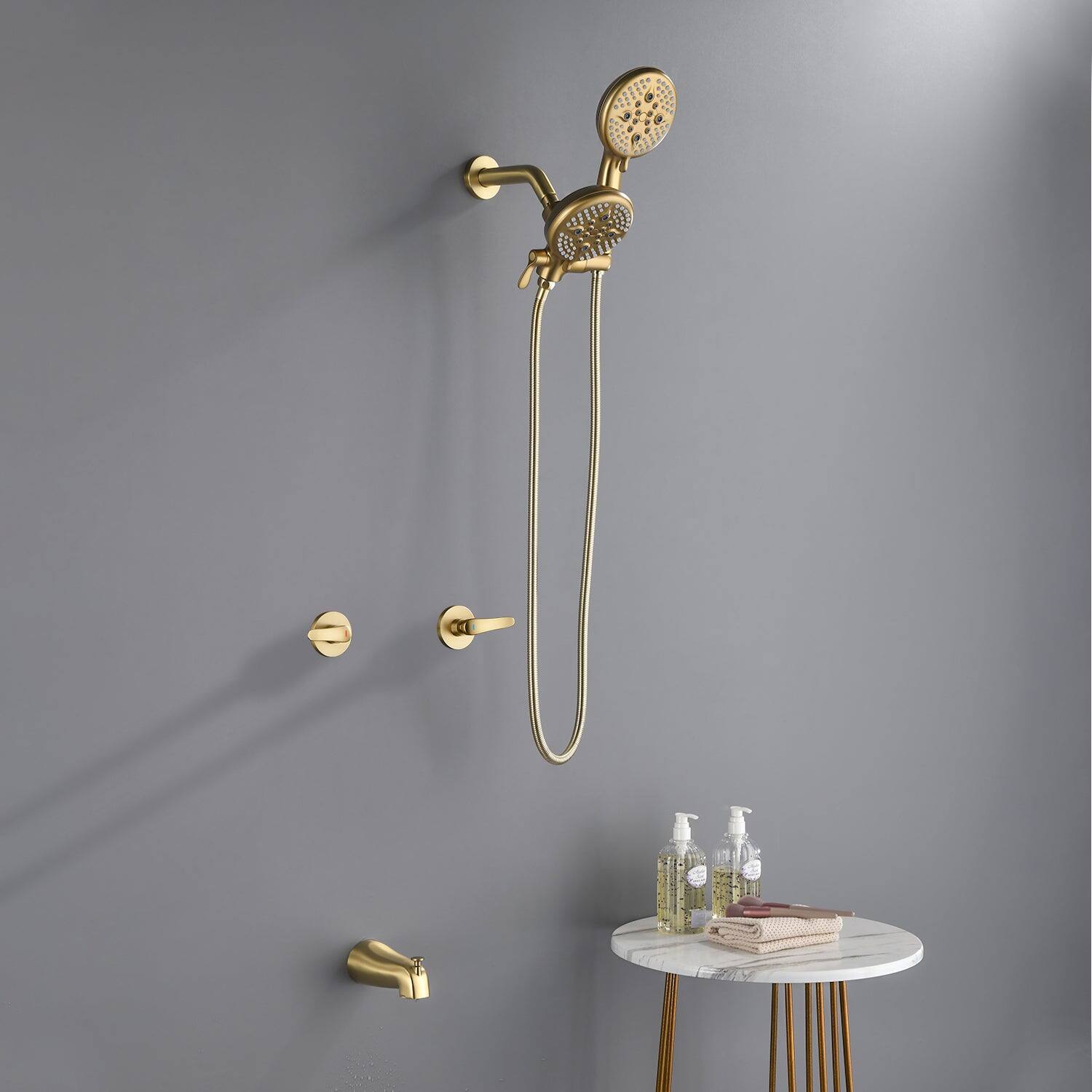 Alt View 2. Boyel Living - Brushed Gold Shower Set with Dual Handles 5 Function Dual ABS Shower Heads and Tub Spout - Brushed Gold.