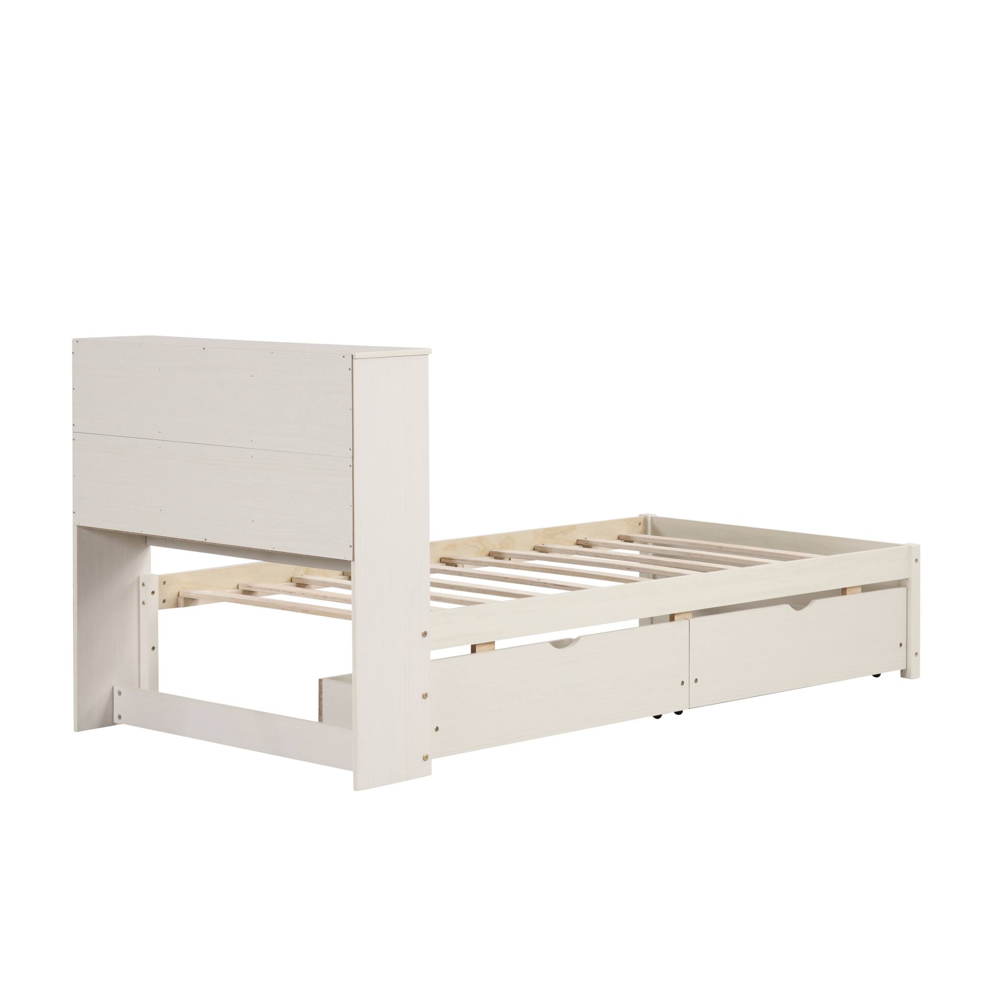 Alt View 7. GOODSILO - Contemporary Twin Size Bed Frame with USB Charging Port, Bookcase Headboard, and Underbed Storage Drawers - White Washed.